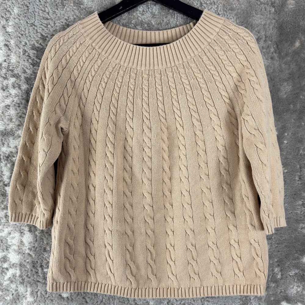 Talbots Petite Size PM Casual Cable Knit Sweater Beige 3/4‎ Sleeve Pullover